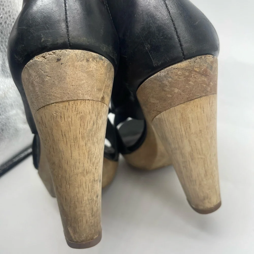 Theory Shoes Heels Black Leather Wrap Wooden Wood Heeled Sandals Size 8 Womens